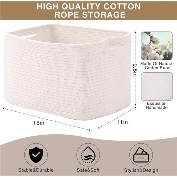 Woven Cotton Rope Storage Baskets for Shelves Nursery Toys Books Towels Set 3 - Picture 3 of 7